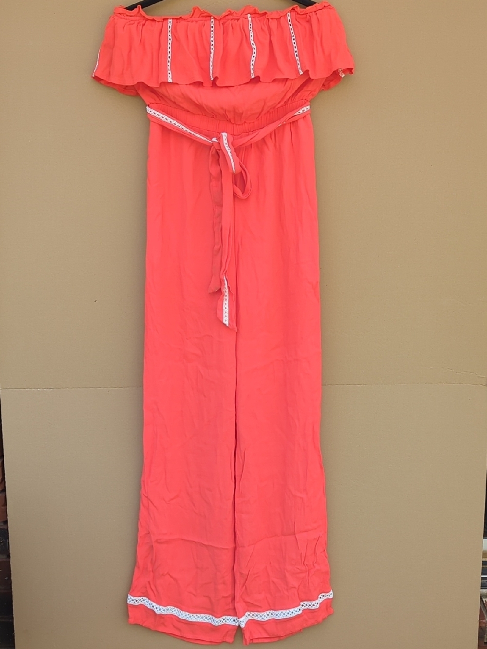Strut & Bolt Boho Ruffled Jumpsuit off shoulders wide legs red medium vacation